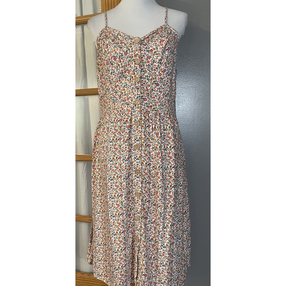 Mimi Chica Floral Button Up Dress Sz Beige Orange Smocked Boho Chic Cottagecore